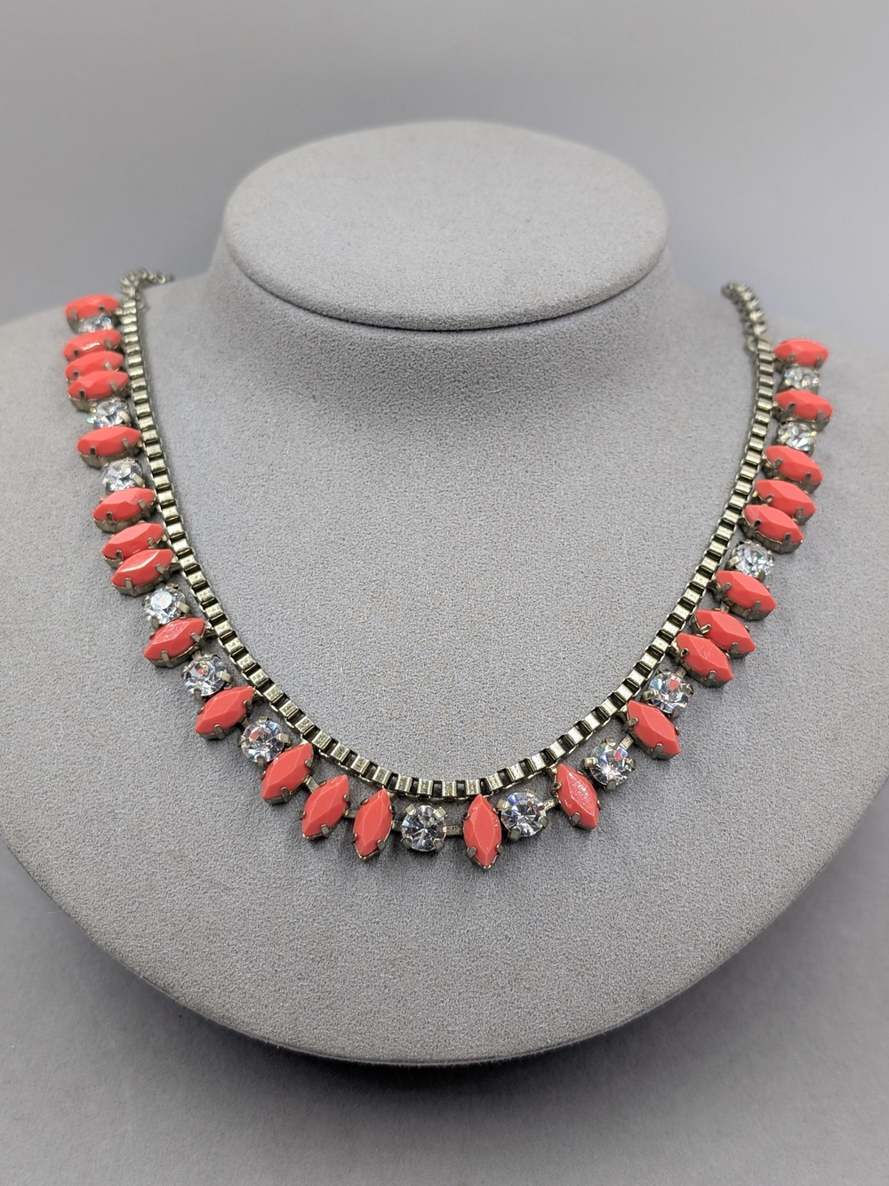J. Crew Coral and Clear Crystal Bib Necklace